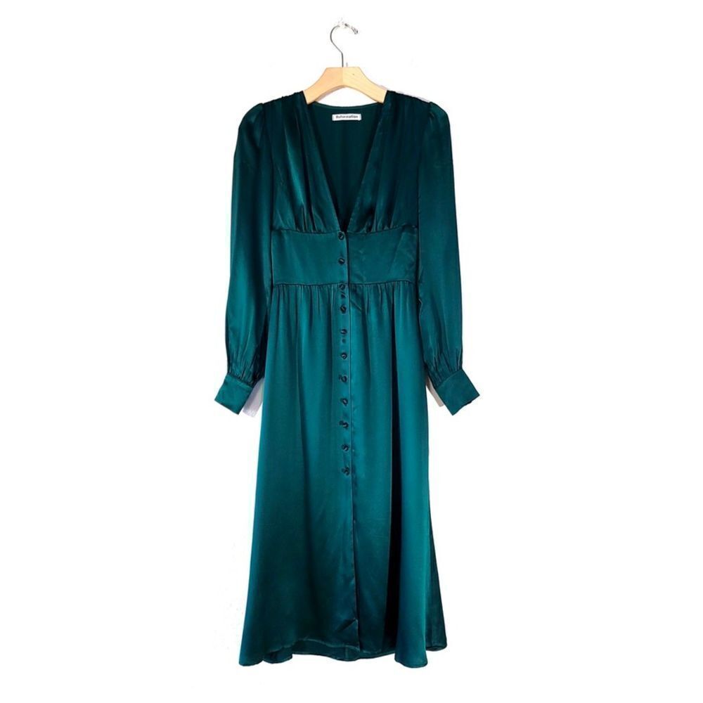 REFORMATION 100% Silk Keats Dress Long Sleeve Button Front Midi Emerald Green 0